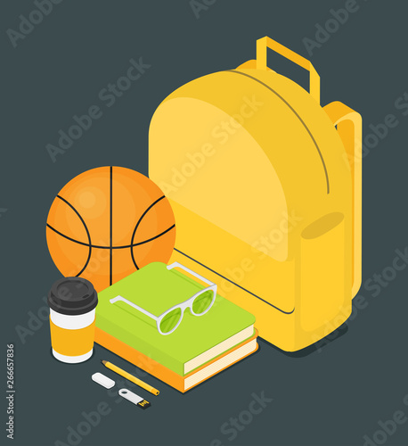 Vector isometric school homework concept illustration. Layout of schoolkid stuff