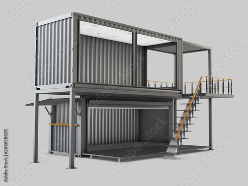 3d Illustration of Converted old shipping container into cafe, isolated gray