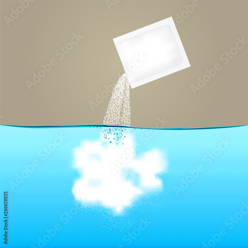 Vector illustration depicting how granules dissolve quickly in light blue water.