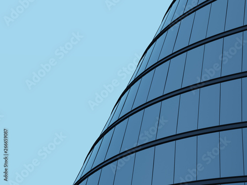 3D stimulate of high rise curve glass building and dark steel window system on blue sky background Business concept of future architecture lookup to the angle of the building.