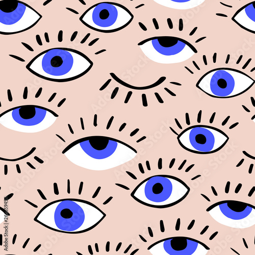 Eyes doodle vector hand drawn seamless pattern. Closed and open eye. The pattern for the fabric, cover. Ornament for wrapping paper. 