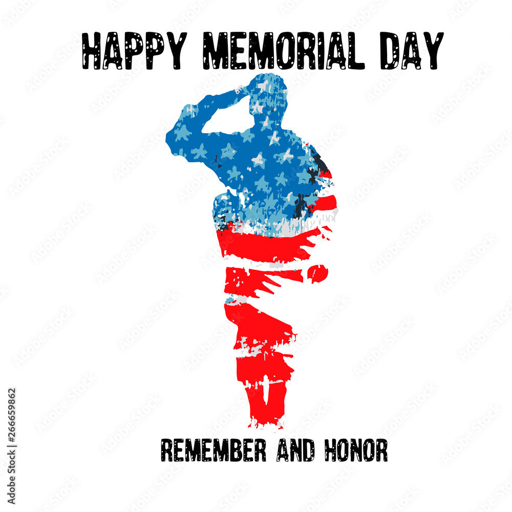 Obraz premium Silhouette of a soldier saluting with the text Memorial day remember and honor. American flag. Celebration of all who served. American holiday poster.
