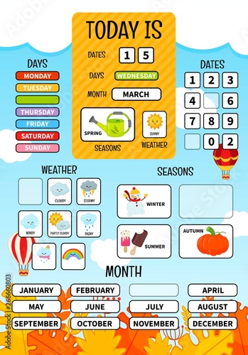 Children's educational game Today is ... Material for learning days of the week, months, time of year.
