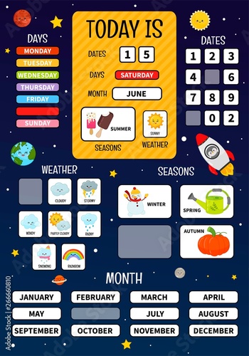 Children's educational game Today is ... Material for learning days of the week, months, time of year.