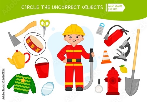 Educational game for children. Cartoon fireman. Circle the uncorrect objects. 