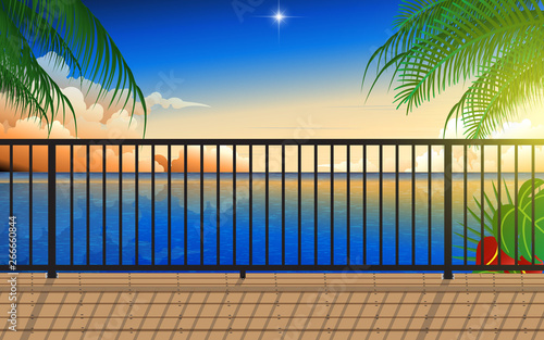landscape of balcony at the beach in sunset
