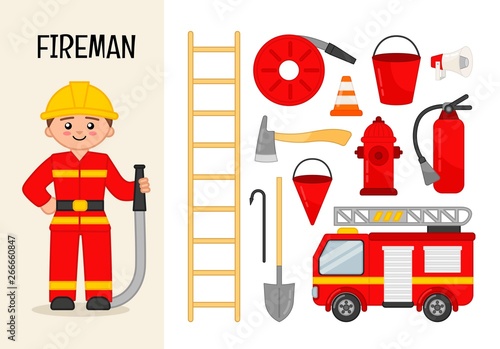 Vector character fireman. Illustrations of fireman equipment. Set of cartoon professions.