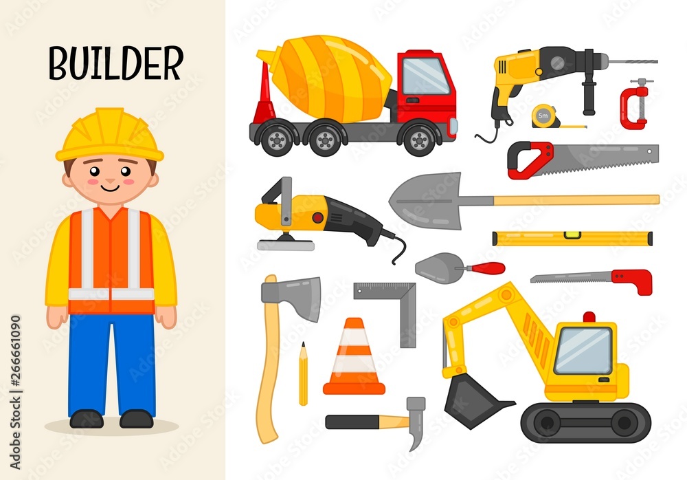 Vector character builder. Illustrations of construction equipment. Set of cartoon professions. Vector character builder. Illustrations of construction equipment. Set of cartoon professions.