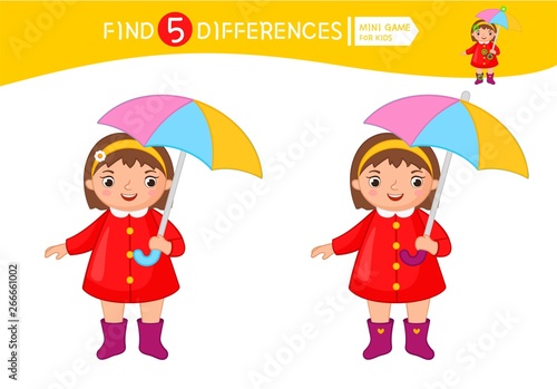 Find differences.  Educational game for children. Cartoon vector illustration of cute girl with umbrella.