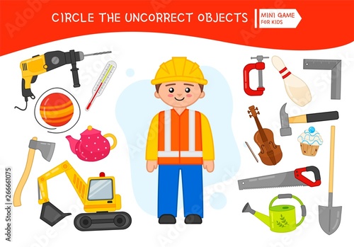 Educational game for children. Cartoon builder. Circle the uncorrect objects