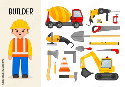 Vector character builder. Illustrations of construction equipment. Set of cartoon professions.