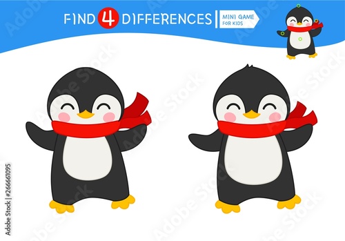 Find differences.  Educational game for children. Cartoon vector illustration of cute penguin.