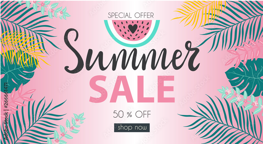 Summer sale typography banner illustration for advertisement, business, fashion with hand drawn lettering and tropic palm leaves