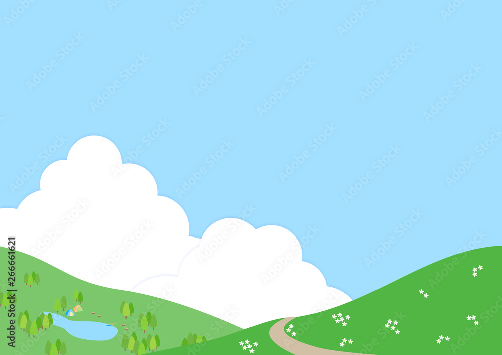 山とキャンプ場の風景　飛行機雲
