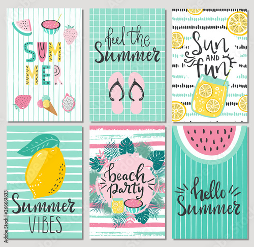 Set of cute summer cards and posters with hand drawn lettering typography words , Hello Summer, beach party, summer vibes and fruits, flamingos, palm leaves and textured background
