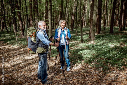 Beautiful senior couple hiking with backpacks and trekking sticks in the forest. Concept of active lifestyle on retirement