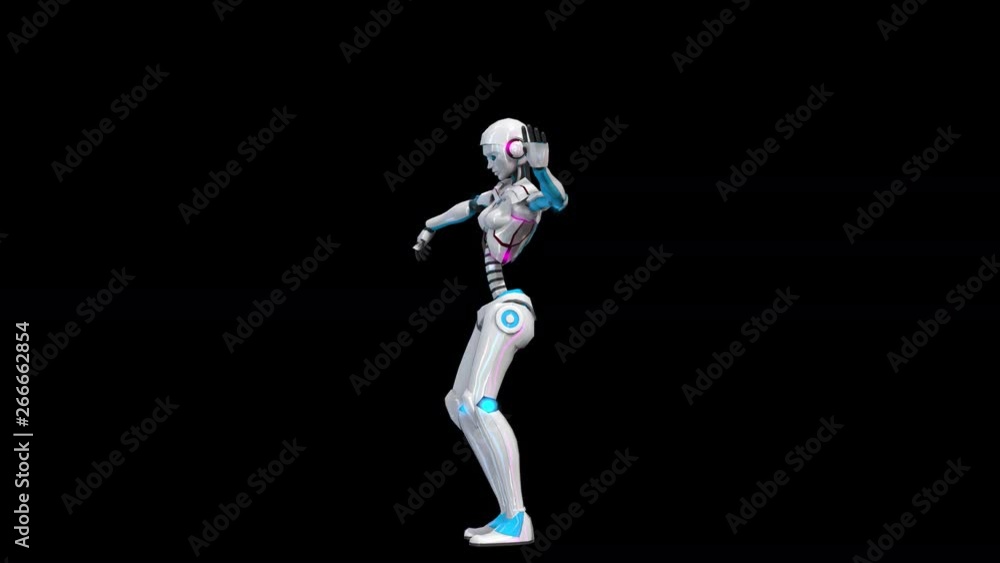 Seamless animation of a female robot with glowing neon lights belly dancing isolated with alpha channel. Futuristic artificial intelligence background. Seamless animation of a female robot with glowing neon lights belly dancing isolated with alpha channel. Futuristic artificial intelligence background.