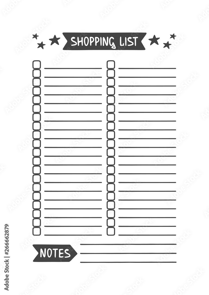 Vettoriale Stock Shopping List. Vector Template for Agenda, Planner and  Other Stationery. Printable Organizer for Study, School or Work. Objects  Isolated on White Background. | Adobe Stock