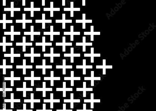 Hand drawn, Abstract monochrome background created with plus sign, carved crosses on black background, space