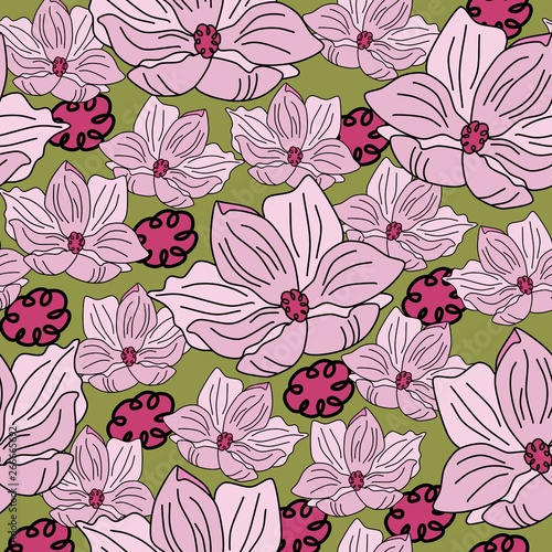 Colorful hand drawn light pink magnolia flower on green background. Pink vector seamless pattern.