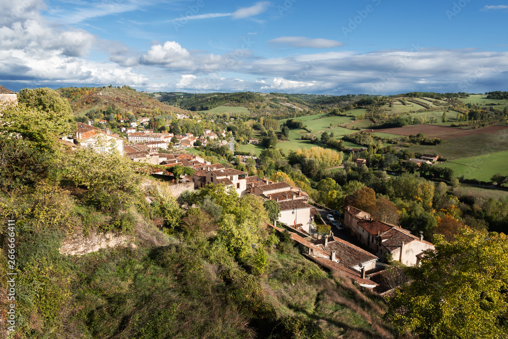 View over rooftops of the village of Corde-sur-Ciel in South West France