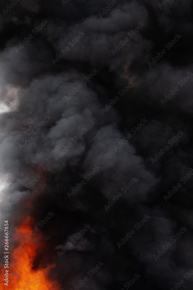 Black motion clouds of strong red fire smoke covered sky. Defocus and motion blur from fire and high temperature from flames. Atmospheric and smoke dispersion.