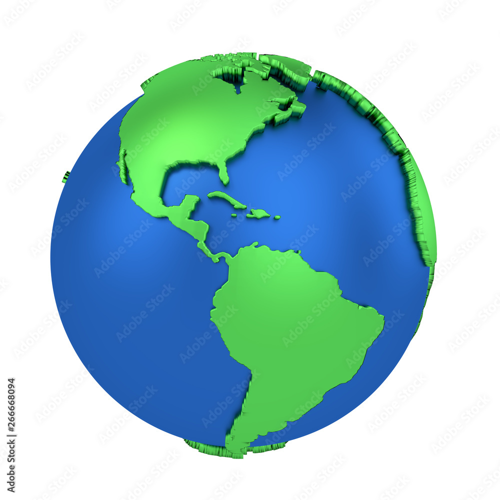 Earth globe with green continents isolated on white background. World Map. 3D rendering illustration.
