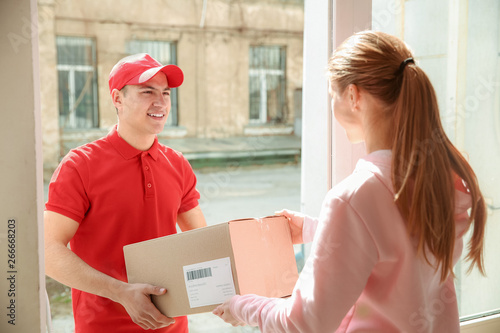 Woman receiving parcel from delivery man © Pixel-Shot