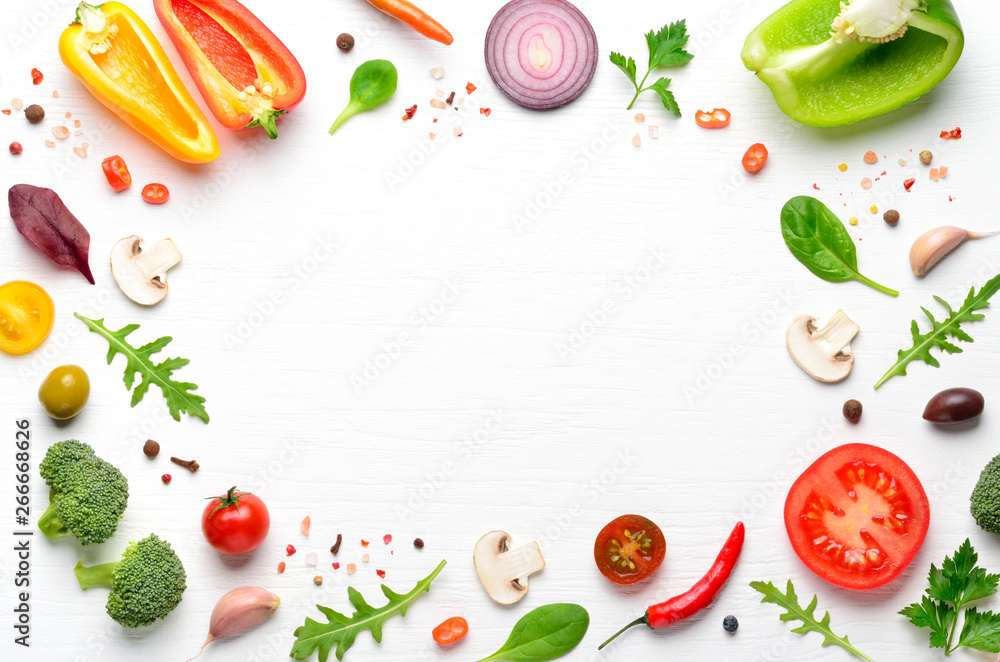 Ingredients and spices for homemade pizza on white wooden background. Top view with copy space. Ingredients and spices for homemade pizza on white wooden background. Top view with copy space.
