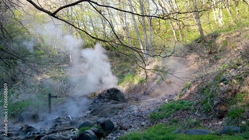 Geyser in Japanese forest hot spring river erupting steam and sulfur photo