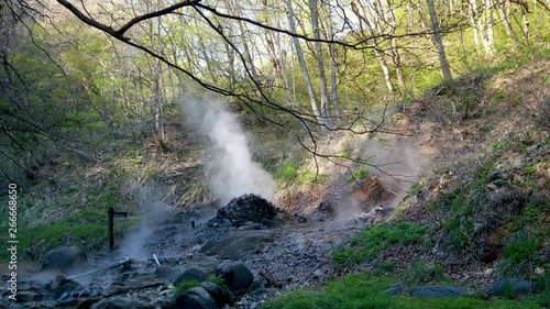 Geyser in Japanese forest hot spring river erupting steam and sulfur photo