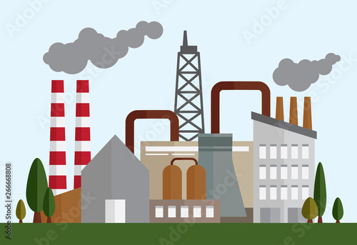 vector illustration industry factory and manufacturing building on green grass with engineer 