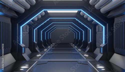 3D rendering  furnished Spaceship black interior with blue light,tunnel,corridor, futuristic front view photo