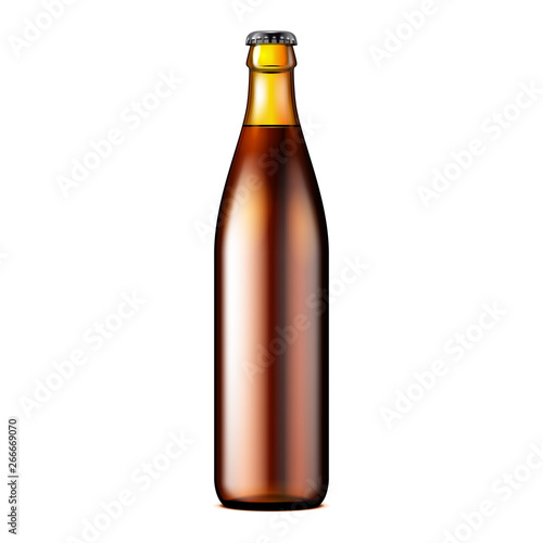 Glass Dark Brown Beer, Ale, Cider Bottle. Carbonated Soft Drink. Mock Up Template. Illustration Isolated On White Background. Ready For Your Design. Product Packaging. Vector EPS10