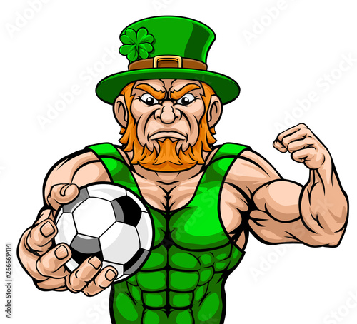 Leprechaun holding a soccer football ball sports mascot