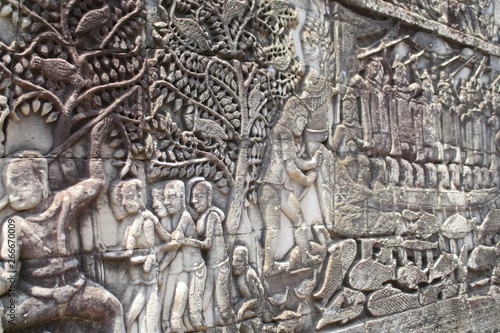 Cambodia Angkor Bayon bas-relief. Outer gallery of Bayon showing a series of bas-relief depicting historical events and daily lives of Angkorian of that time.