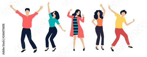 Set of happy dancing people. Color silhouettes isolated on white, flat style.