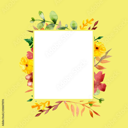 Hand-painted watercolor square frame from a large set of useful orange, burgundy and yellow flowers, twigs and leaves, isolated on a yellow background, for decorating textiles, jewelry, cards.