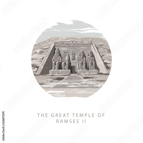 The Great Temple of Ramses 2 at Abu Simbel, Egypt. Gray tone vector illustration in circular the great temple of Ramses 2 hand drawn in white background.