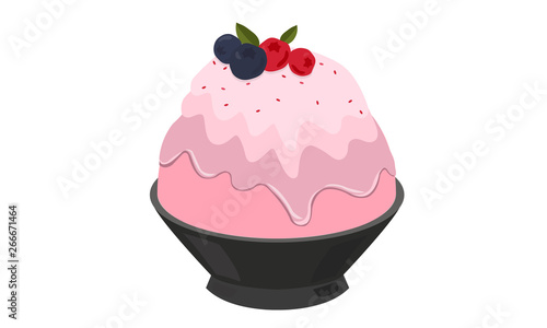 Pink milk kakigori or Japanese shaved ice dessert flavored, Topped with pink whipped cream, blueberry and red currant