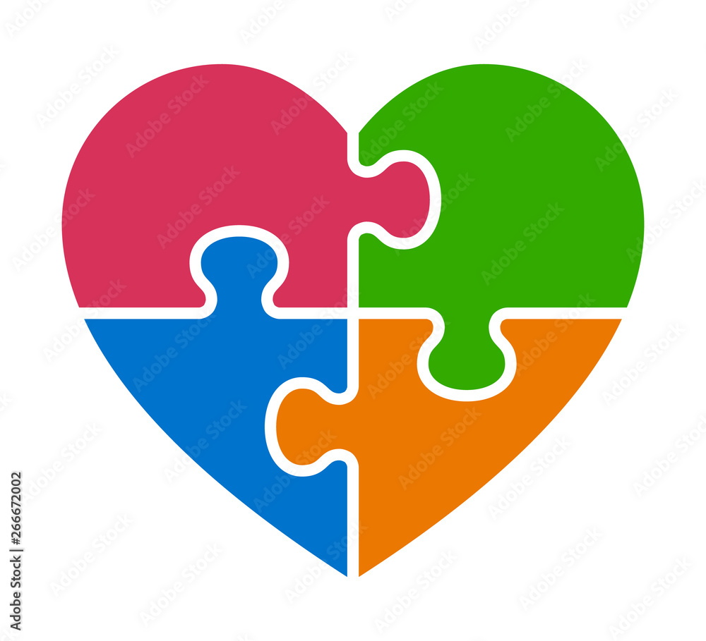 Heart puzzle with 4 pieces or autism awareness flat vector color icon for apps and websites Heart puzzle with 4 pieces or autism awareness flat vector color icon for apps and websites