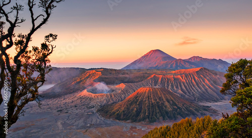 Sunrise at Mount Bromo volcano, the magnificent view of Mt. Bromo located in Bromo Tengger Semeru National Park, East Java, Indonesia