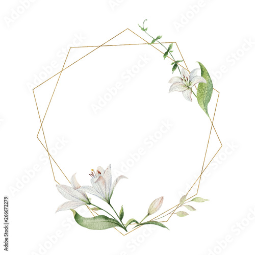 Watercolor vector hand painted wreath of flowers, green leaves and gold geometric frame.