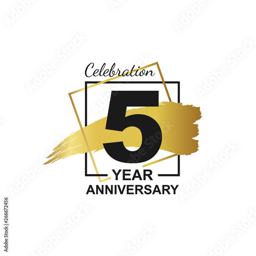 5th golden anniversary logo celebration with frame and hand drawn ink brush gold ribbon. Vector template element for your 5 birthday party poster greeting card on white background and black number.