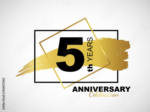 5th golden anniversary icon celebration with frame and hand drawn ink brush gold ribbon. Vector template element for your 5 birthday party poster greeting card on white background and black number.