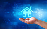 Man Holding the Home. secure home concept, Concept home insurance, Real estate Concept Background