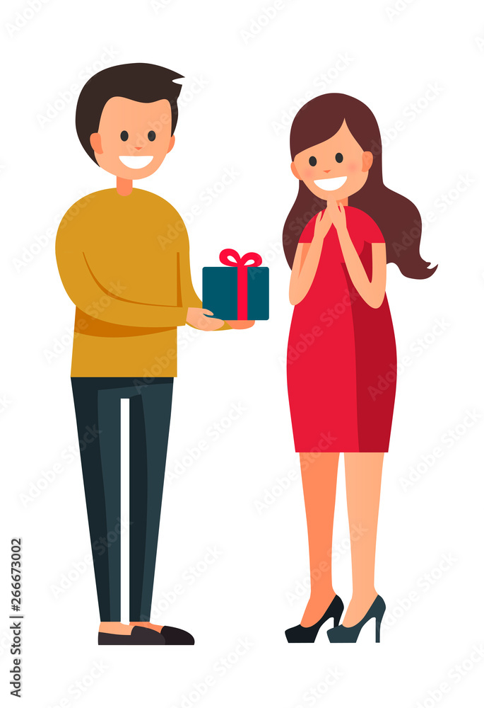 Vector illustration of men in casual clothes with present and girl with long hair in red dress on the white background.Cartoon realistic people illustation. Flat young couple. Front view people. Vector illustration of men in casual clothes with present and girl with long hair in red dress on the white background.Cartoon realistic people illustation. Flat young couple. Front view people.