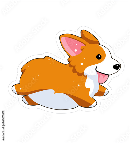 Dog emoji sticker, patch. Vector illustration. Cartoon Corgi. Welsh corgi. Cute Welsh Corgi Pembroke cartoon. Cute dog breed welsh corgi. Flat style. Running happy dog. Jumping animal. 