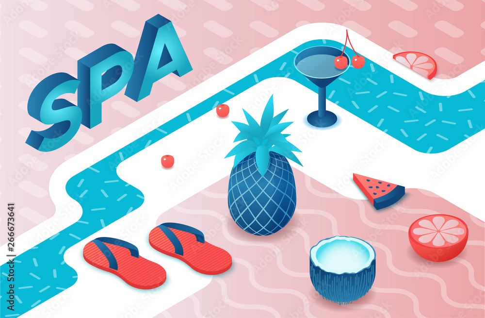 Spa party 3d isometric letters, summer event type poster, fruits, cocktail, watermelon, pineapple, modern lettering, beach elements, holiday poster, trendy font