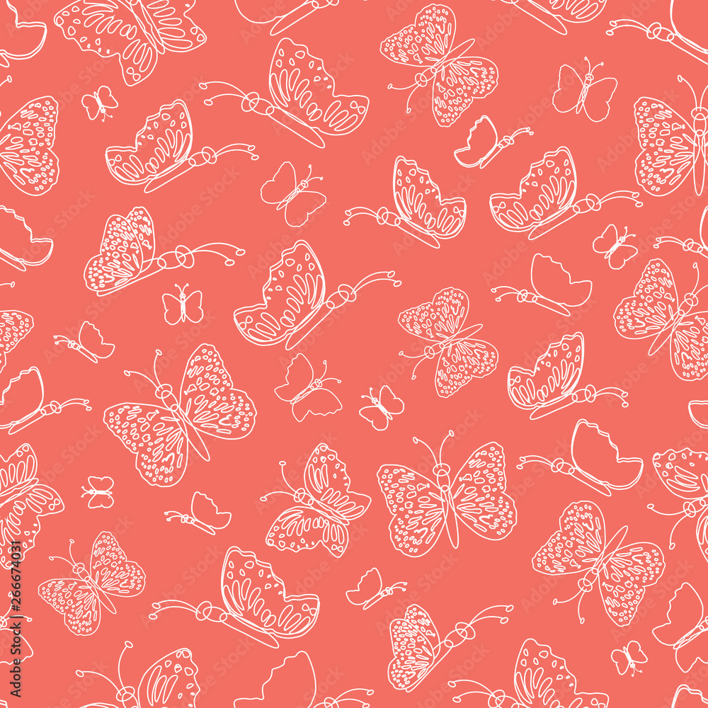 Delicate white butterfly silhouettes on a pink background. Delicate white butterfly silhouettes on a pink background.